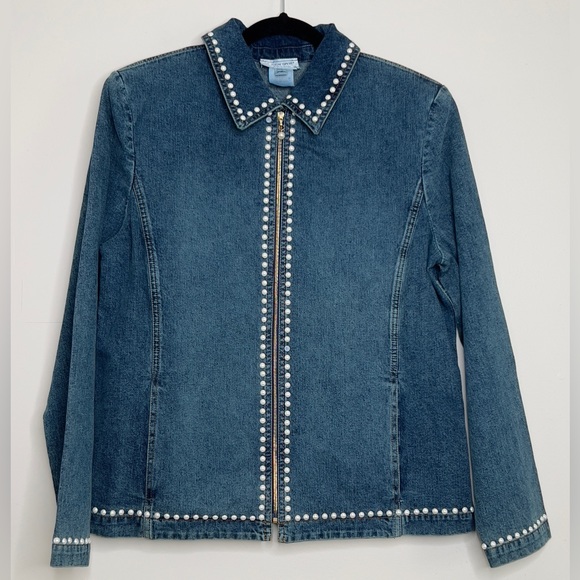 St. John Jackets & Blazers - St. John Sport  by Marie Gray Women’s Denim Jacket White Pearl beads Sz L
